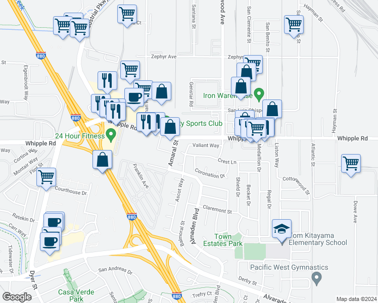 map of restaurants, bars, coffee shops, grocery stores, and more near 32226 Crest Lane in Union City
