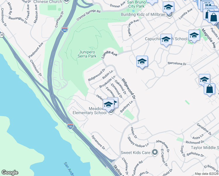 map of restaurants, bars, coffee shops, grocery stores, and more near 1166 Fernwood Drive in Millbrae