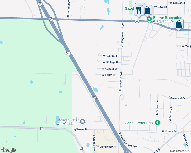 map of restaurants, bars, coffee shops, grocery stores, and more near 2388 West South Street in Bolivar