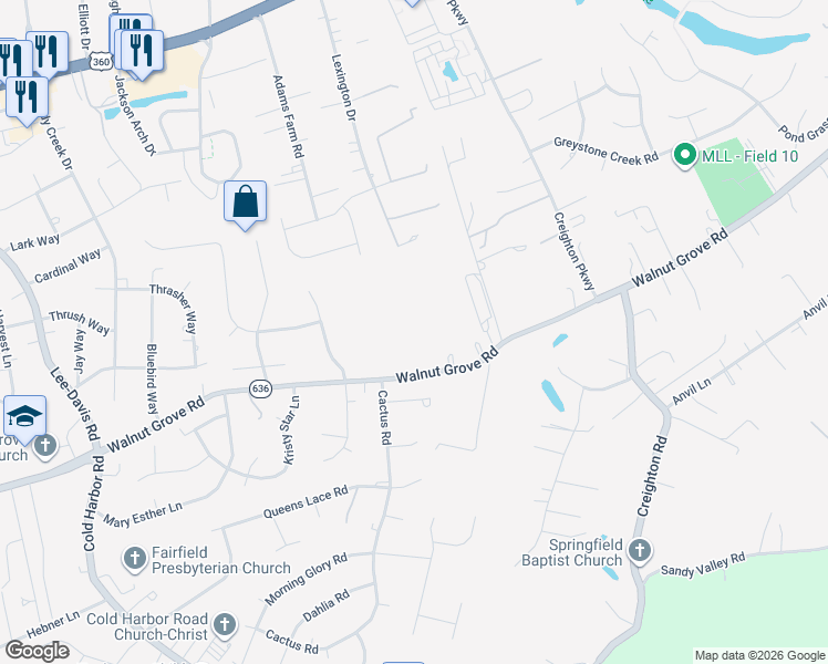 map of restaurants, bars, coffee shops, grocery stores, and more near 7429 Walnut Grove Road in Mechanicsville
