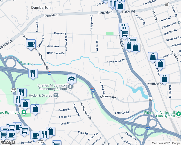 map of restaurants, bars, coffee shops, grocery stores, and more near 3306 Listerbrook Court in Richmond