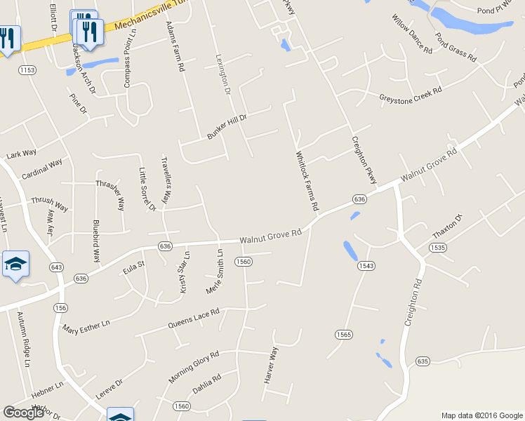 map of restaurants, bars, coffee shops, grocery stores, and more near 7429 Walnut Grove Road in Mechanicsville