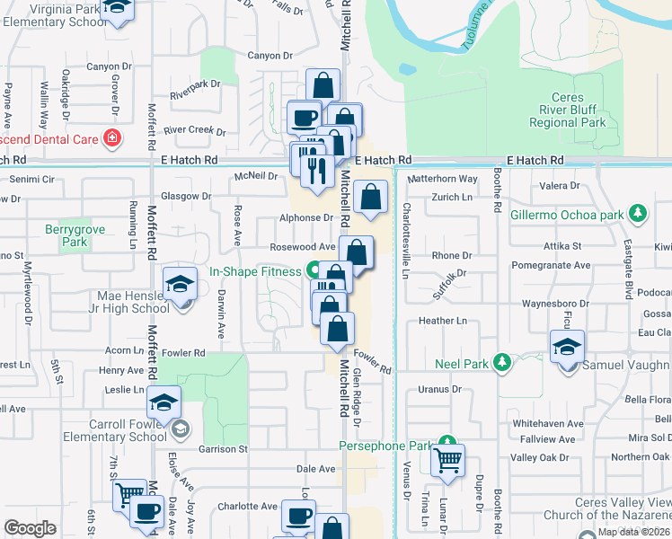 map of restaurants, bars, coffee shops, grocery stores, and more near 1765 Mitchell Rd in Ceres