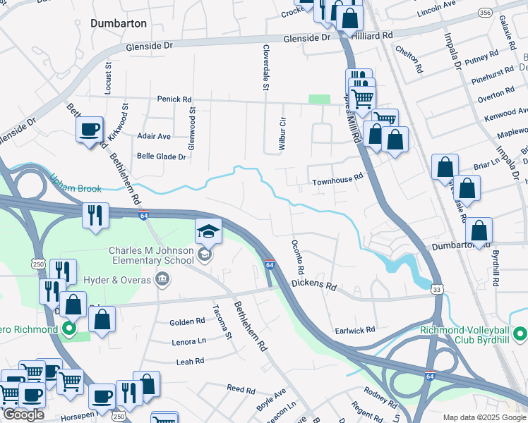 map of restaurants, bars, coffee shops, grocery stores, and more near 3306 Listerbrook Court in Richmond