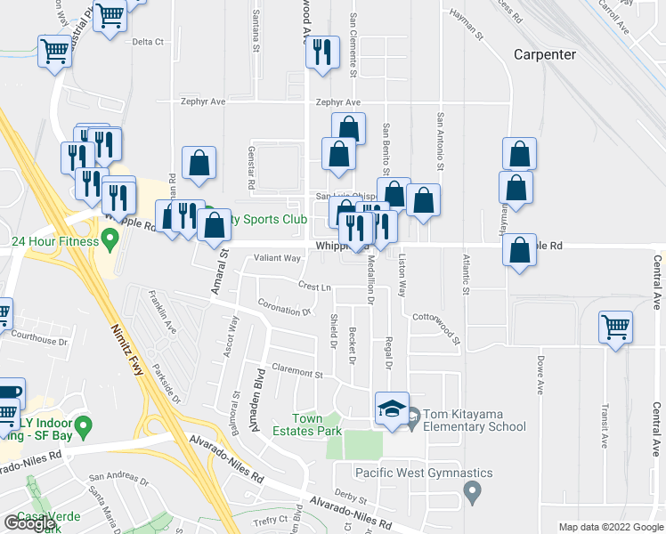 map of restaurants, bars, coffee shops, grocery stores, and more near 2500 Medallion Drive in Union City
