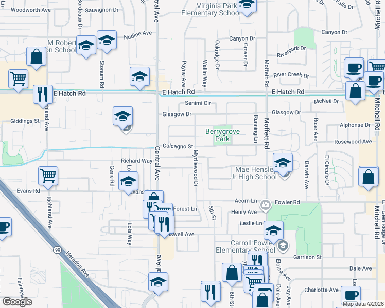 map of restaurants, bars, coffee shops, grocery stores, and more near 1665 Myrtlewood Drive in Ceres
