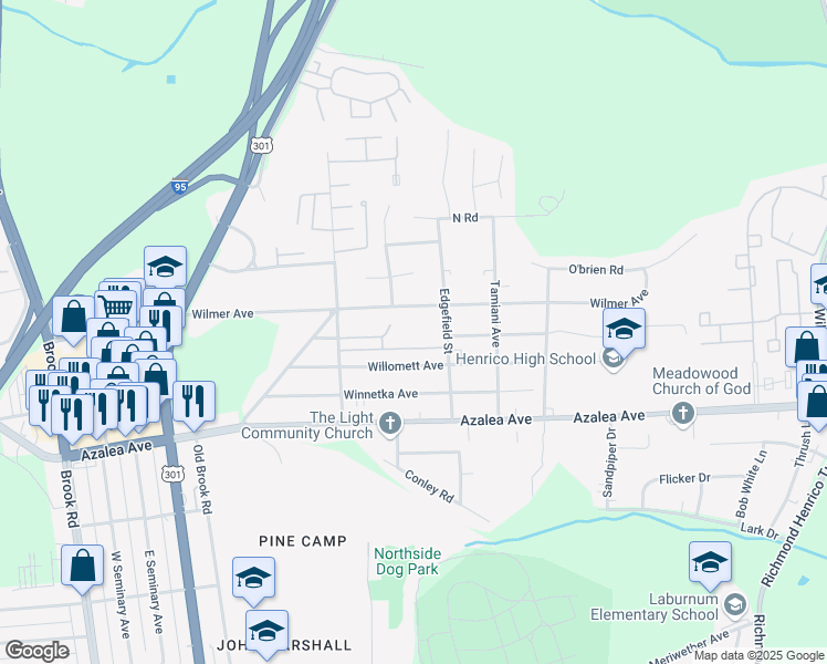 map of restaurants, bars, coffee shops, grocery stores, and more near 647 Windomere Avenue in Richmond