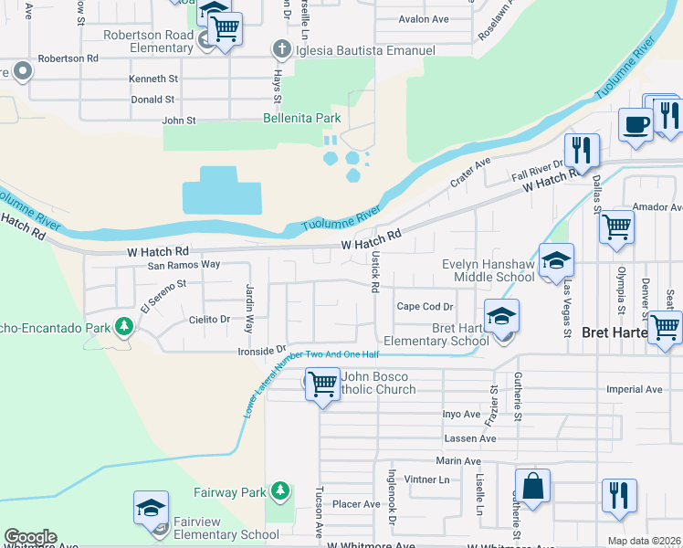map of restaurants, bars, coffee shops, grocery stores, and more near 1545 Dezzani Lane in Modesto