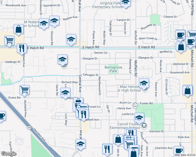 map of restaurants, bars, coffee shops, grocery stores, and more near 1665 Myrtlewood Drive in Ceres