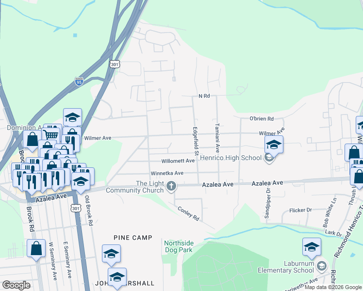 map of restaurants, bars, coffee shops, grocery stores, and more near 628 Windomere Avenue in Richmond