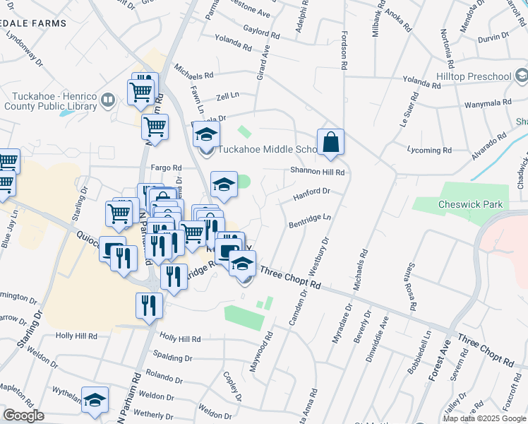map of restaurants, bars, coffee shops, grocery stores, and more near 8806 Three Chopt Road in Henrico