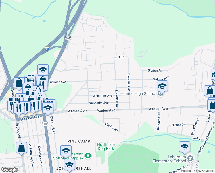 map of restaurants, bars, coffee shops, grocery stores, and more near 628 Windomere Avenue in Richmond