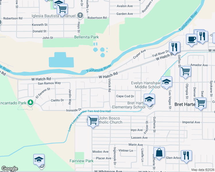 map of restaurants, bars, coffee shops, grocery stores, and more near 1705 Ustick Road in Modesto