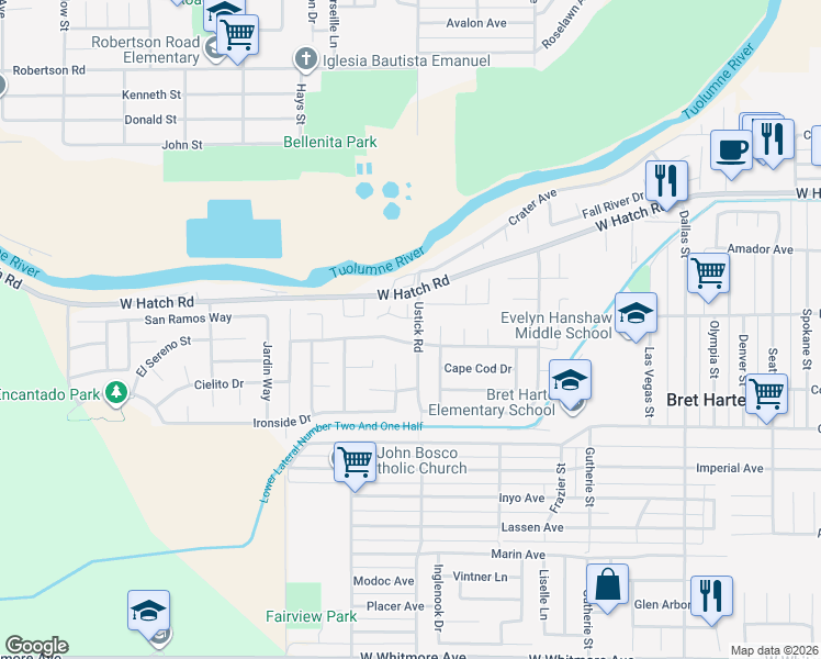 map of restaurants, bars, coffee shops, grocery stores, and more near 1513 Dezzani Lane in Modesto