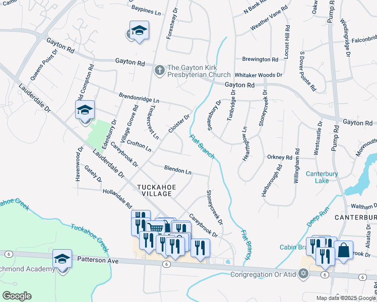 map of restaurants, bars, coffee shops, grocery stores, and more near 11404 Homestead Lane in Richmond