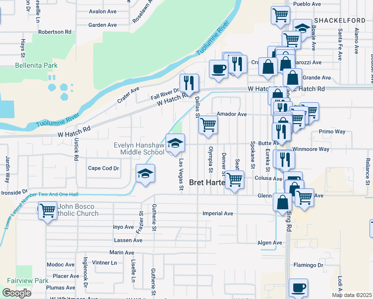 map of restaurants, bars, coffee shops, grocery stores, and more near 1718 Las Vegas Street in Modesto