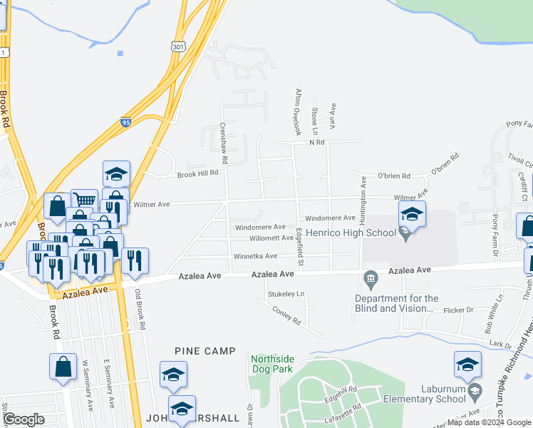 map of restaurants, bars, coffee shops, grocery stores, and more near 739 Windomere Avenue in Richmond