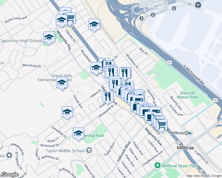 map of restaurants, bars, coffee shops, grocery stores, and more near 1010 Magnolia Avenue in Millbrae