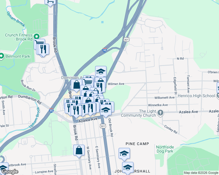 map of restaurants, bars, coffee shops, grocery stores, and more near 5327 Chamberlayne Rd in Richmond