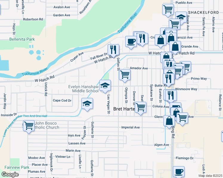 map of restaurants, bars, coffee shops, grocery stores, and more near 1718 Las Vegas Street in Modesto