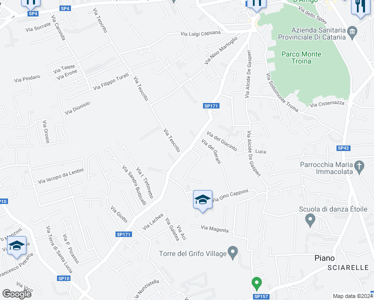 map of restaurants, bars, coffee shops, grocery stores, and more near 45 Via delle Ginestre in Pedara