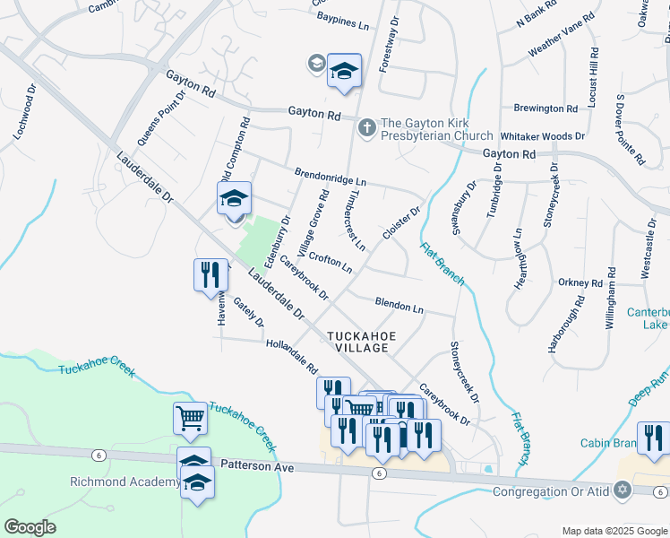 map of restaurants, bars, coffee shops, grocery stores, and more near 11505 Crofton Lane in Richmond