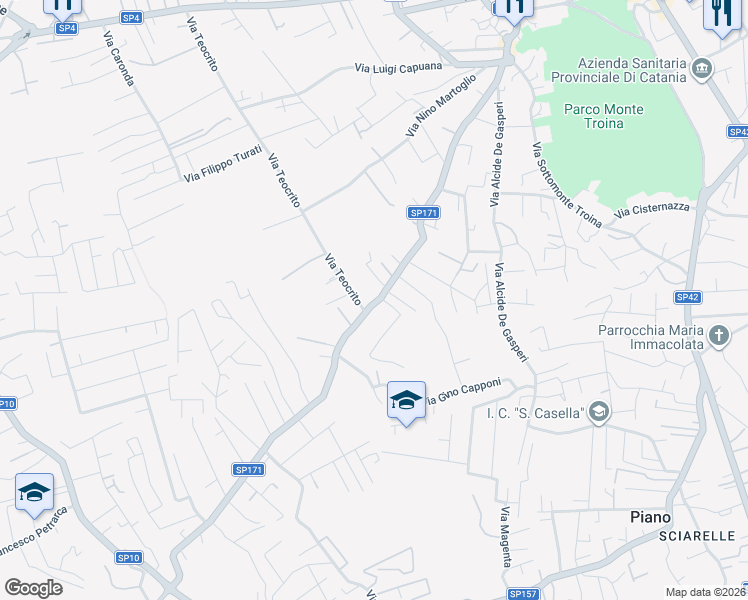 map of restaurants, bars, coffee shops, grocery stores, and more near 45 Via delle Ginestre in Pedara