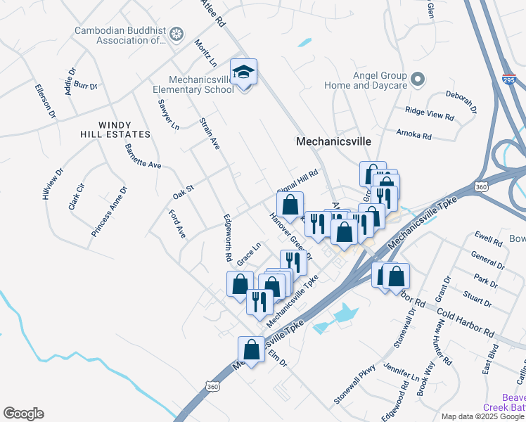 map of restaurants, bars, coffee shops, grocery stores, and more near 7309 Hanover Green Drive in Mechanicsville