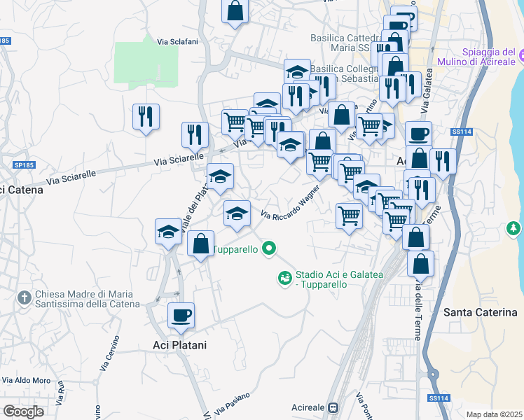 map of restaurants, bars, coffee shops, grocery stores, and more near 32 Via Riccardo Wagner in Acireale