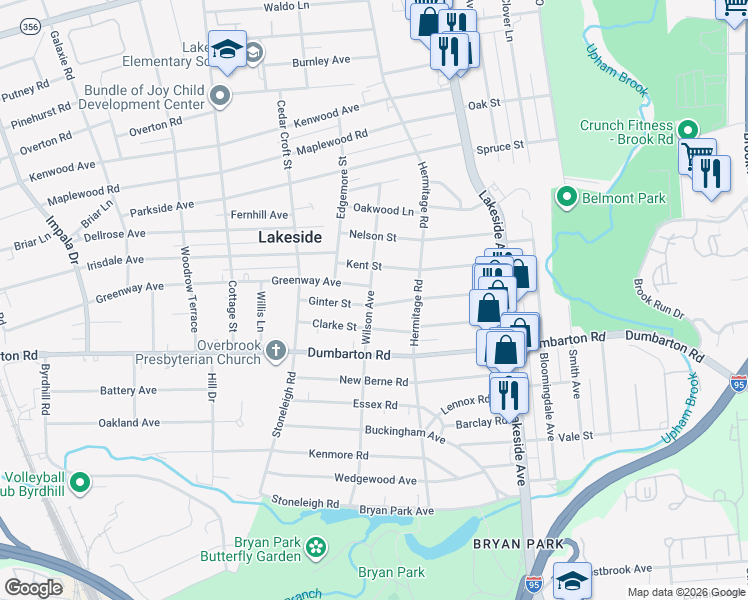 map of restaurants, bars, coffee shops, grocery stores, and more near 2219 Ginter Street in Richmond