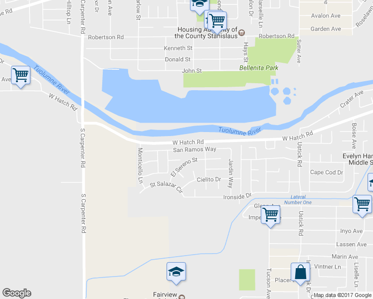 map of restaurants, bars, coffee shops, grocery stores, and more near 1932 San Ramos Way in Modesto