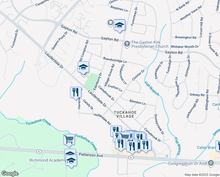 map of restaurants, bars, coffee shops, grocery stores, and more near 11511 Crofton Lane in Richmond