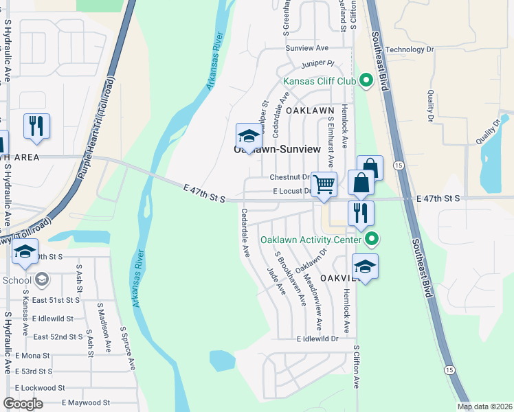 map of restaurants, bars, coffee shops, grocery stores, and more near 3012 East Fairhaven Drive in Wichita