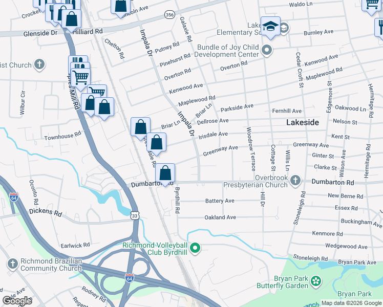 map of restaurants, bars, coffee shops, grocery stores, and more near 2928 Ginter Street in Richmond