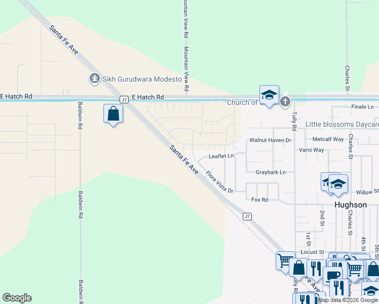 map of restaurants, bars, coffee shops, grocery stores, and more near 1701 Flora Vista Drive in Hughson