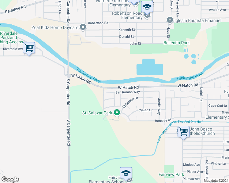 map of restaurants, bars, coffee shops, grocery stores, and more near 1981 San Ramos Way in Modesto