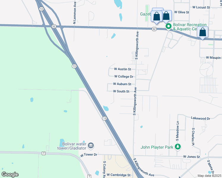 map of restaurants, bars, coffee shops, grocery stores, and more near 2388-2398 West South Street in Bolivar