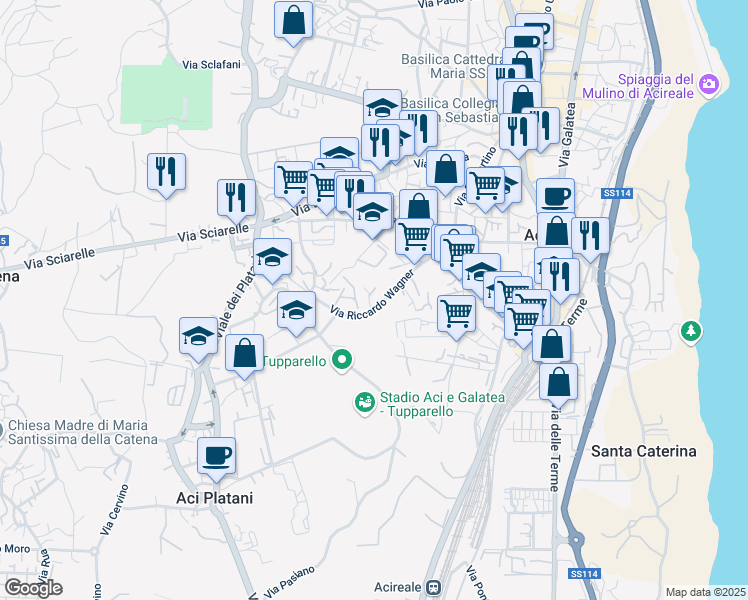 map of restaurants, bars, coffee shops, grocery stores, and more near 32 Via Riccardo Wagner in Acireale