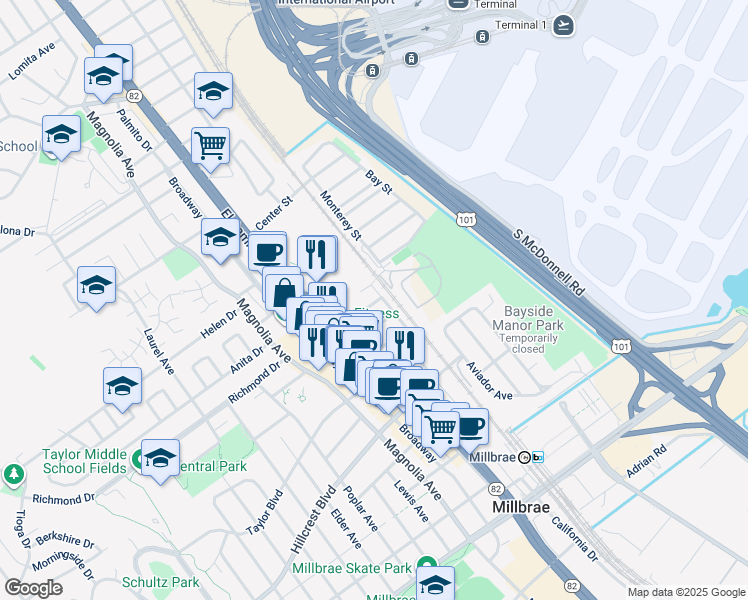 map of restaurants, bars, coffee shops, grocery stores, and more near 27 Silva Avenue in Millbrae