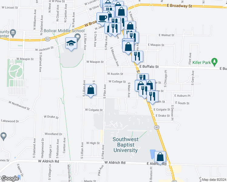 map of restaurants, bars, coffee shops, grocery stores, and more near 215 West South Street in Bolivar