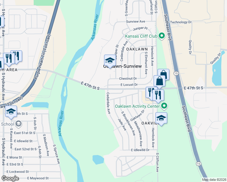 map of restaurants, bars, coffee shops, grocery stores, and more near 3012 East Fairhaven Drive in Wichita