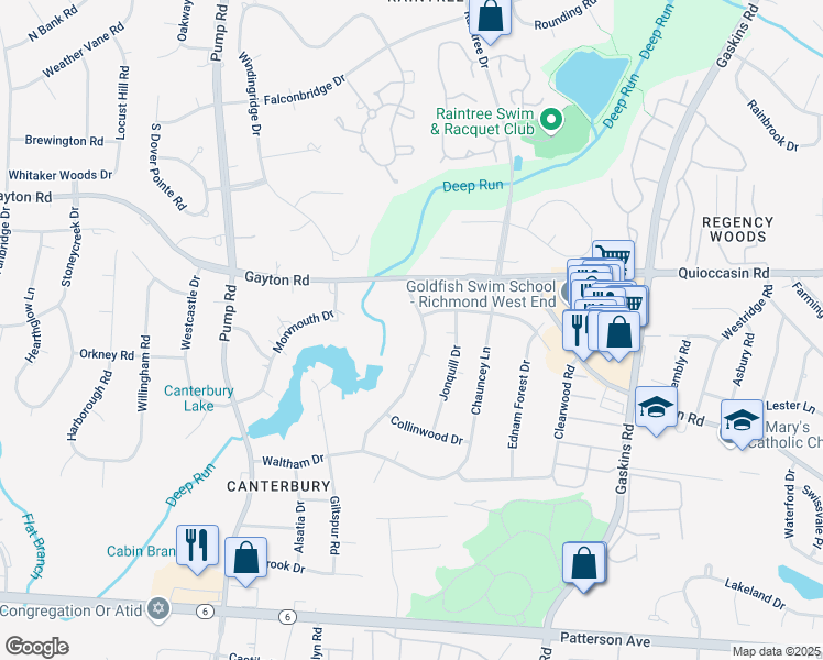 map of restaurants, bars, coffee shops, grocery stores, and more near 1516 Cedarbluff Drive in Henrico