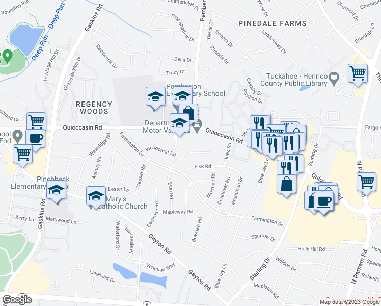 map of restaurants, bars, coffee shops, grocery stores, and more near 9222 Holbrook Drive in Henrico