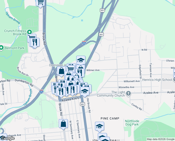 map of restaurants, bars, coffee shops, grocery stores, and more near 5327 Chamberlayne Rd in Richmond