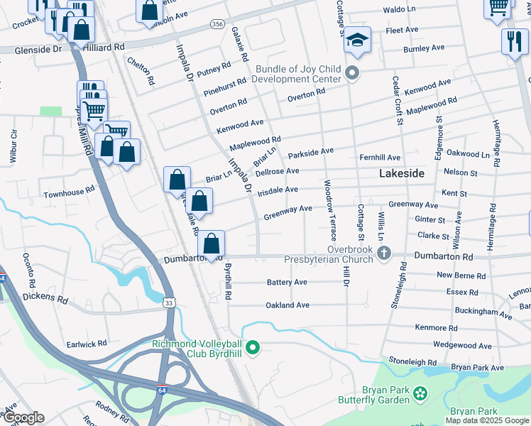 map of restaurants, bars, coffee shops, grocery stores, and more near 2914 Greenway Avenue in Richmond