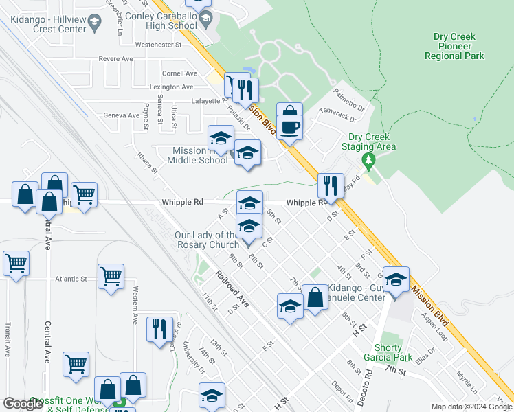 map of restaurants, bars, coffee shops, grocery stores, and more near 33145 5th Street in Union City