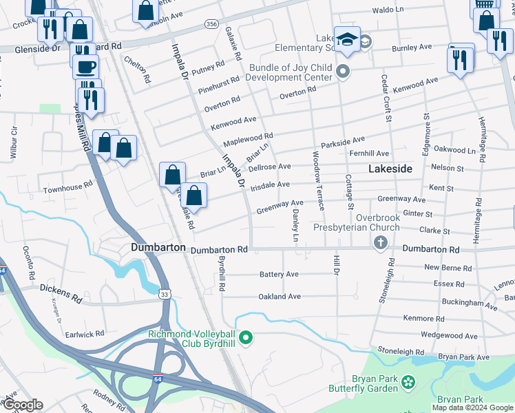 map of restaurants, bars, coffee shops, grocery stores, and more near 2914 Greenway Avenue in Richmond