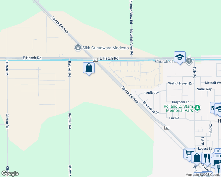 map of restaurants, bars, coffee shops, grocery stores, and more near 1701 Santa Fe Avenue in Hughson