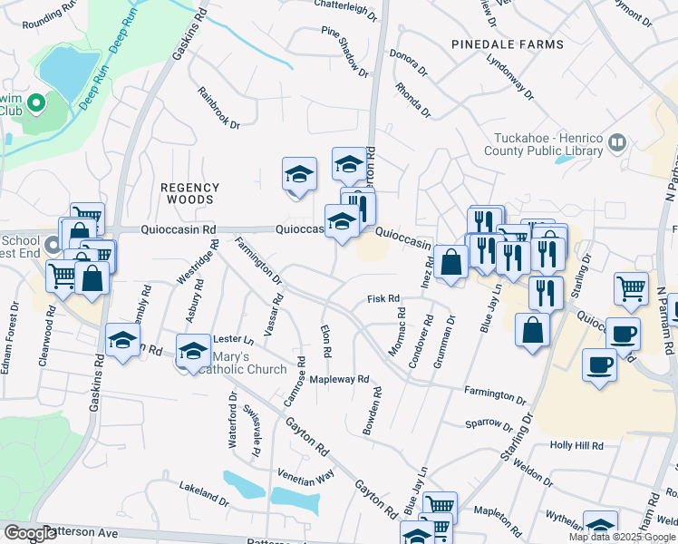 map of restaurants, bars, coffee shops, grocery stores, and more near 9302 Woodcrest Road in Henrico