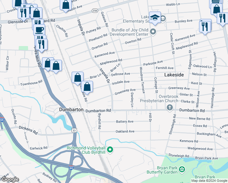 map of restaurants, bars, coffee shops, grocery stores, and more near 2916 Greenway Avenue in Henrico